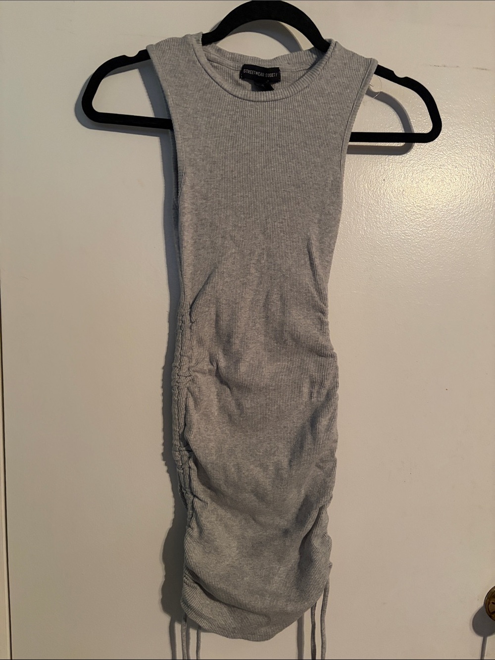 Sleeveless Ribbed Drawstring Midi Dress - Light Gray